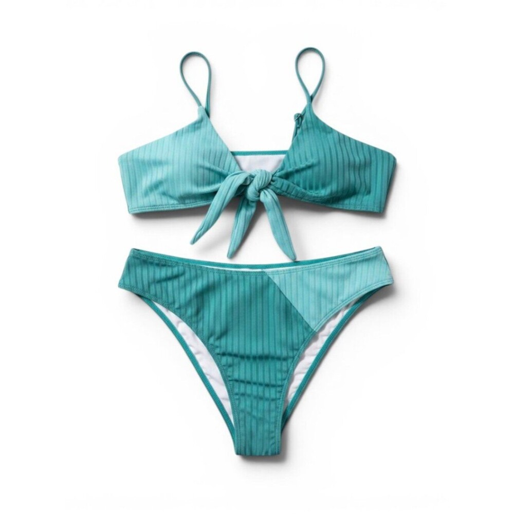 Ribbed Tie-Front Bikini Set in Teal